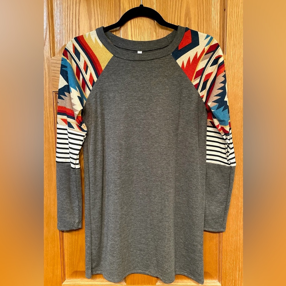 Baseball Tunic Top with Aztec Sleeves - Charcoal
